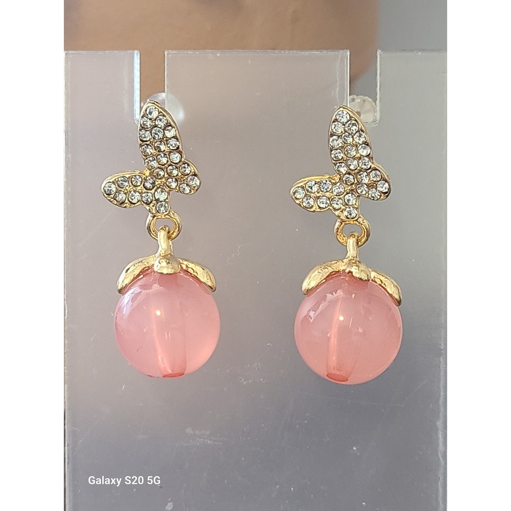 Pink Butterfly Drop Earrings Gold Tone Crystal Pavé Whimsical Dangle Jewelry
